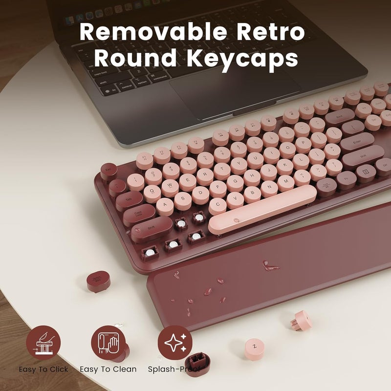 SABLUTE Wireless Keyboard, Round Keycaps, Retro Typewriter Keyboard with Detachable Wrist Rest, Sleep Mode, Foldable Legs, 2.4GHz Full-Size Cordless Computer Keyboard for Windows/PC/Laptop (Burgundy Colors) - Image 5